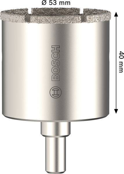 Ein silberner Bosch-Bohraufsatz mit einem Durchmesser von 53 mm und einer Höhe von 40 mm.