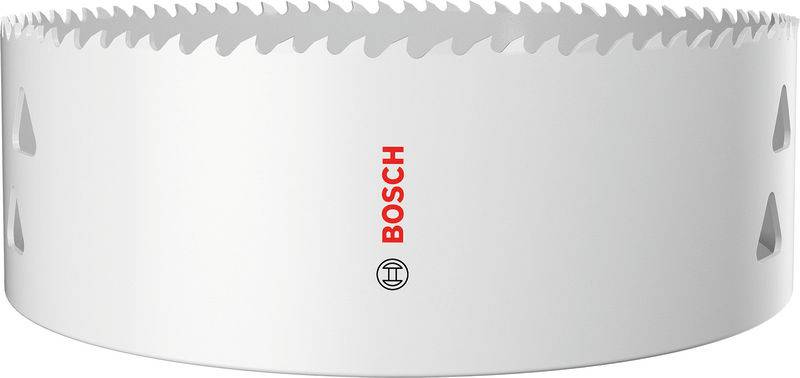 Eine weiße, zylindrische Lochsäge von Bosch mit scharfen Zähnen rundherum zum Schneiden von kreisförmigen Löchern in Materialien wie Holz oder Metall.