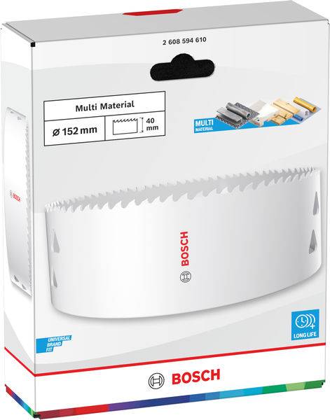 Bosch Mehrstoff-Lochsäge, 152 mm Durchmesser, 40 mm Tiefe, geeignet für verschiedene Materialien. Die Verpackung zeigt Produktabbildung und Spezifikationen.