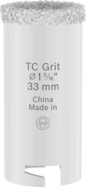 Ein zylindrisches Werkzeug mit der Bezeichnung TC Grit, Durchmesser 1 5/16 Zoll oder 33 mm, hergestellt in China, mit einer teilweise aufgerauten oberen Kante und einem Schutzbrillensymbol.