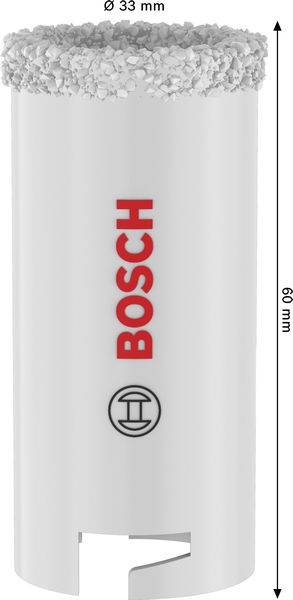 Eine weiße Bosch-Lochsäge mit 33 mm Durchmesser und 60 mm Länge, mit einer Hartmetallkörnung an der Kante für effizientes Schneiden.