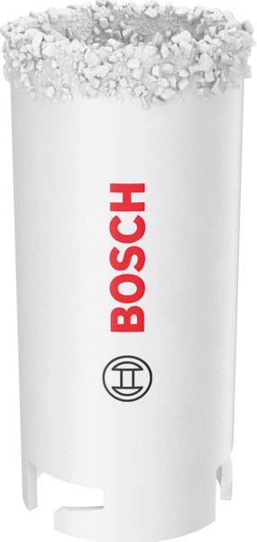 Weiße Bosch-Lochsäge mit groben Zähnen an der Oberseite. Bosch-Logo in Rot vertikal an der Seite mit einem schwarzen Symbol darunter.