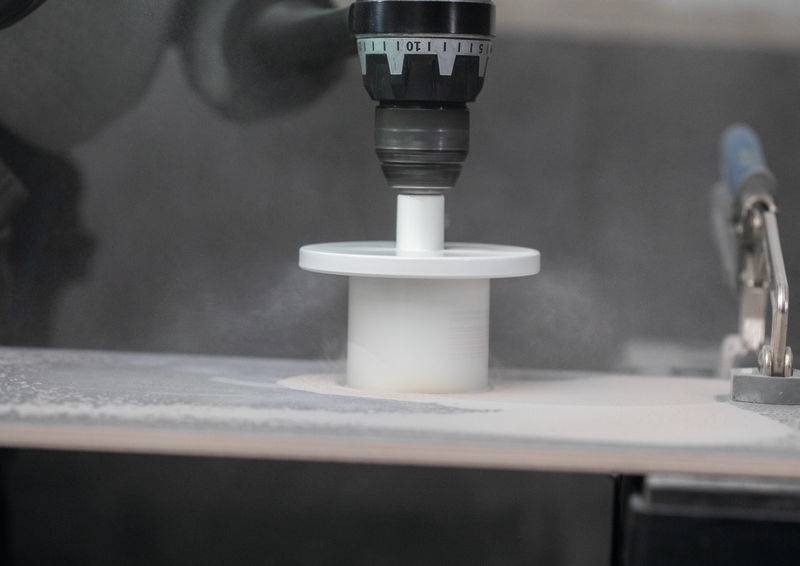 Ein Nahaufnahme einer Elektrobohrmaschine, die ein kreisförmiges Loch in eine flache Oberfläche schneidet, umgeben von Staub. Eine Schraubzwinge hält das Material fest.