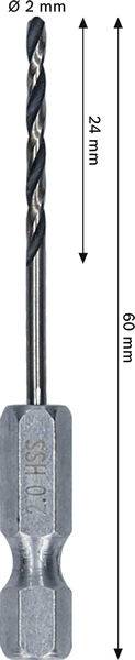 Bohrer mit einer Gesamtlänge von 60 mm und einem Durchmesser von 2 mm, mit einer Schneidlänge von 24 mm.