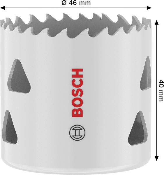 Eine zylindrische weiße Lochsäge mit scharfen Zähnen. Sie trägt das rote „BOSCH