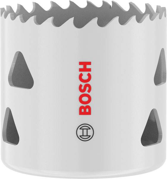 Eine Metalllocksäge von Bosch mit gezackten Zähnen zum Schneiden, mit weißem Körper und rotem Bosch-Logo, entwickelt zum Bohren präziser Löcher.