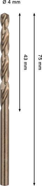 Ein Spiralbohrer mit 4 mm Durchmesser. Zwei Messangaben sind dargestellt: 43 mm und 75 mm, die wahrscheinlich die Länge und die Schneidtiefe angeben.