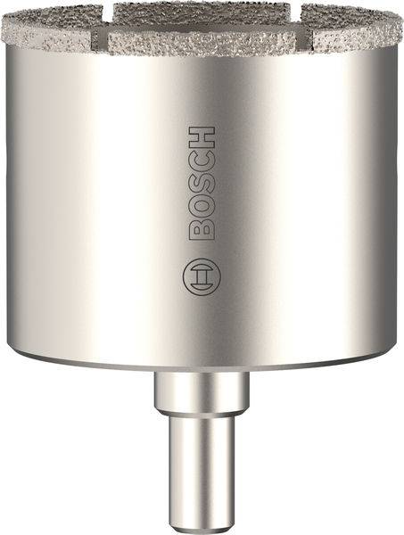 Ein silberner Bosch-Rundbohrkrone aus Diamant mit zylindrischer Form, die zum Durchbohren von harten Oberflächen ausgelegt ist.