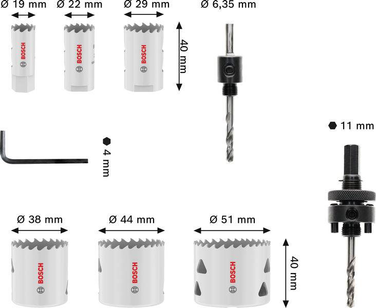 Bosch 8-teiliges Lochsägen-Set mit Größen von 19 mm bis 51 mm, inklusive Bohrern und Sechskantschlüssel, ideal zum Durchbohren verschiedenster Materialien.