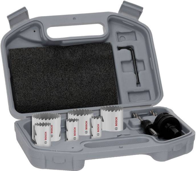 Bosch-Lochsägen-Set in einem grauen Kunststoffkoffer mit fünf Sägen, einem Innensechskantschlüssel und einem Dorn. Schaumstoff-Einsatz zum Schutz, Koffer mit Griff.