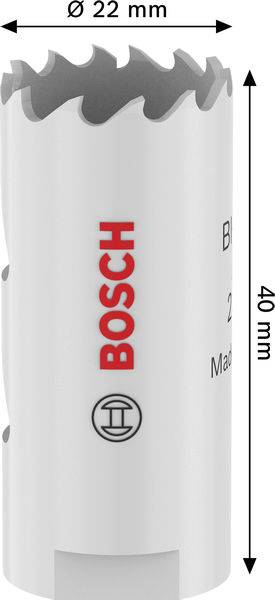Zylindrisches weißes Bosch-Lochsägeblatt mit einem Durchmesser von 22 mm und einer Höhe von 40 mm, mit gezackten Schneidkanten.
