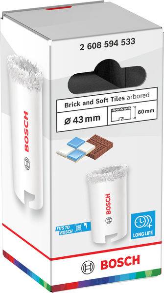 Bosch Lochsägen-Verpackung mit der Beschriftung „Ziegel und Weiche Fliesen