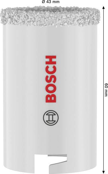 Eine weiße zylindrische Bosch-Lochsäge mit einem Durchmesser von 43 mm und einer Höhe von 60 mm, mit einer gezahnten oberen Kante und dem Bosch-Logo in Rot.