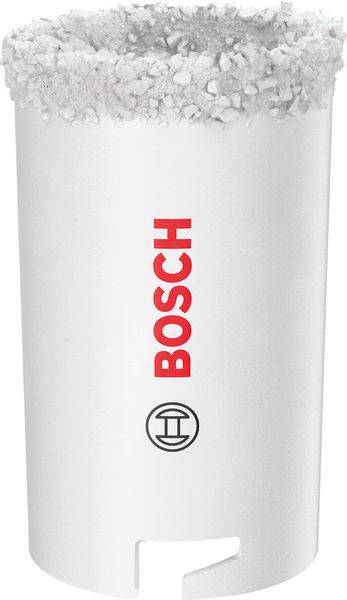 Ein weißer zylindrischer Bohrer mit der Marke 'Bosch' in rot und einer gezahnten Kante, entwickelt zum Schneiden und typischerweise zum Bohren von Löchern in verschiedenen Materialien verwendet.