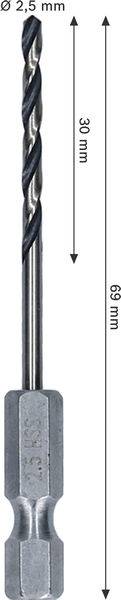 Bohrspitze mit 2,5 mm Durchmesser und 89 mm Länge; Schneidlänge beträgt 30 mm; sechskantiger Schaft für Kompatibilität mit Bohrmaschinen.