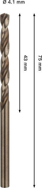 Ein 4,1 mm Bohrer mit einer Länge von 75 mm, einschließlich eines 43 mm langen spiralförmigen Nuten-Abschnitts.