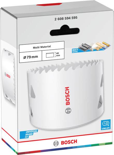 Bosch Lochsägen-Verpackung mit einem Durchmesser von 79 mm und einer Schnitttiefe von 40 mm. Geeignet für das Schneiden von Mehrschichtmaterialien. Enthält die Symbole 