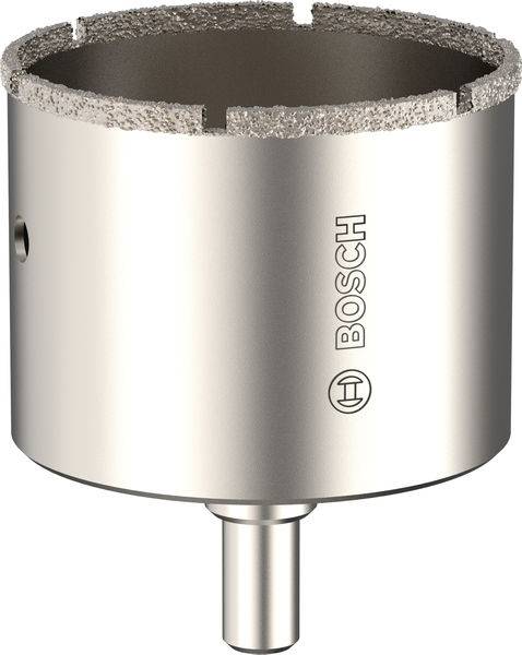 Das Bild zeigt eine Lochsäge der Marke Bosch mit einem kreisförmigen Metallkörper und einer scharfen Kante, die zum Schneiden präziser Löcher in Materialien wie Holz oder Metall verwendet wird.