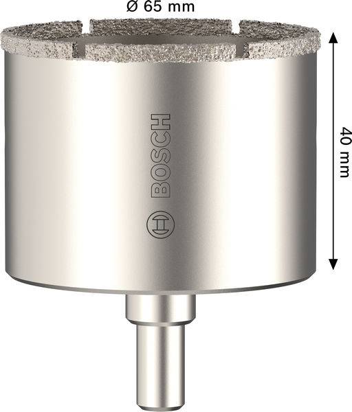 Silber-Bosch-Diamantbohrkrone mit 65 mm Durchmesser und 40 mm Höhe, verwendet für präzises Bohren in harten Materialien.