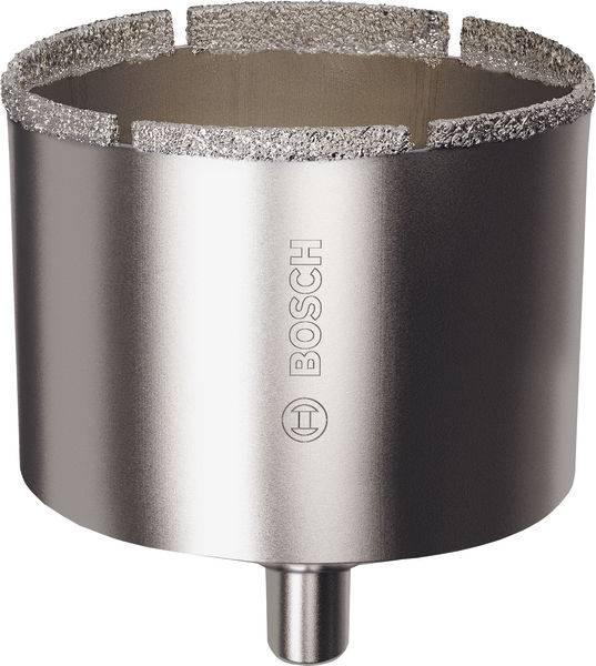 Diamantlochsäge mit Bosch-Branding, mit silbernem Metallgehäuse und gezahnter Schneidkante, verwendet zum Bohren in harten Materialien.