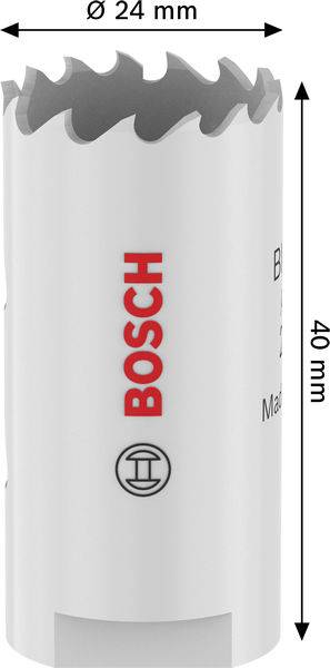 Eine weiße Bosch-Lochsäge mit einem Durchmesser von 24 mm und einer Höhe von 40 mm, ausgestattet mit scharfen Zähnen und dem Bosch-Logo in Rot.