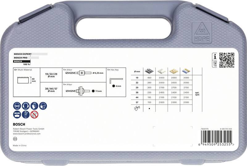 „Bosch Expert SDS Max-9 Bohrsatz-Koffer mit Griff zeigt Spezifikationen, Größen und Materialempfehlungen für Bohrer.