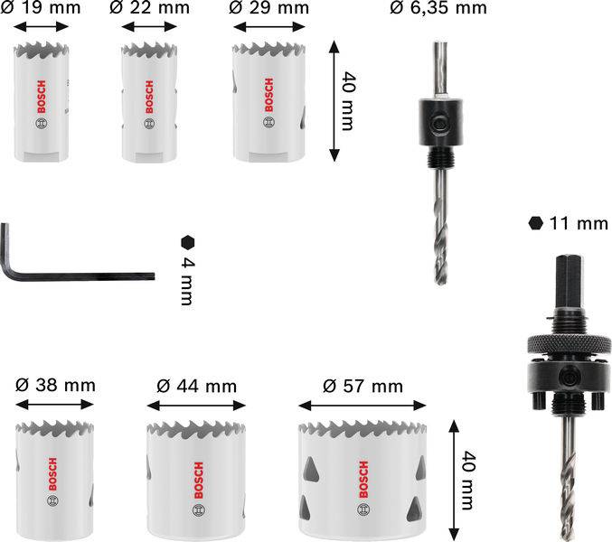 Lochsägen-Set bestehend aus 19-mm-, 22-mm-, 29-mm-, 38-mm-, 44-mm- und 57-mm-Sägen, Sechskantschlüssel und zwei Bohrern, mit beschrifteten Abmessungen, Marke Bosch.