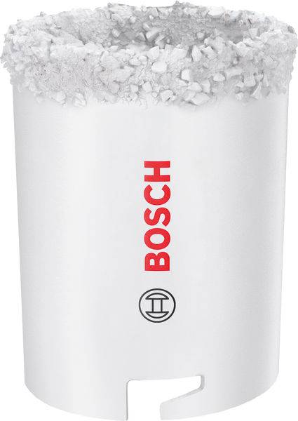 Ein zylindrisches Bosch-Sägeblatt mit einer rauen, kreisförmigen Schneidkante, das zum Erstellen von Löchern konzipiert ist.