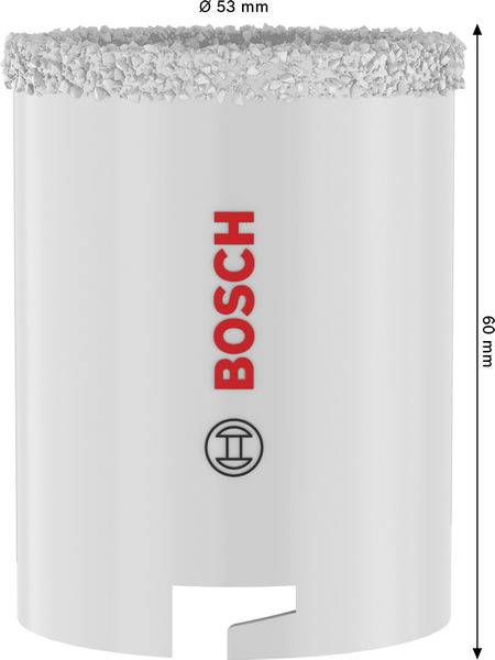 Ein weißer zylindrischer Bohrer mit rauer oberer Kante, beschriftet mit 'BOSCH' in rot, gezeigt mit Abmessungen: 53 mm Durchmesser und 60 mm Höhe.