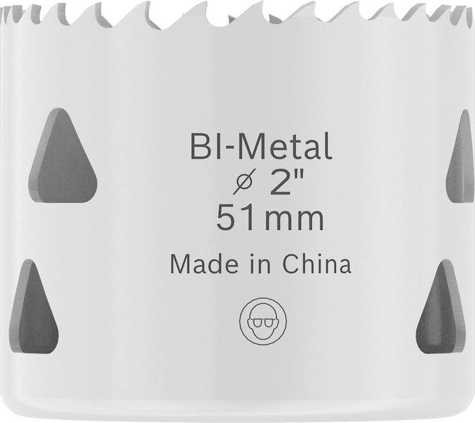 Eine Nahaufnahme einer zylindrischen Bi-Metall-Lochsäge mit der Beschriftung „Bi-Metall ø 2