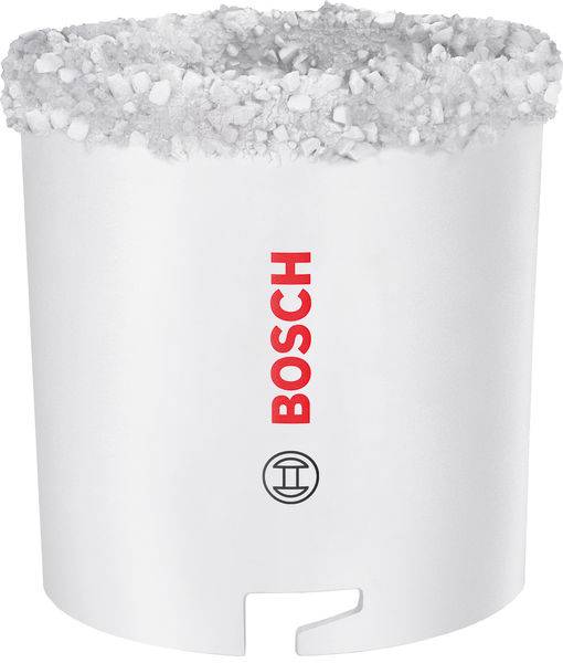 Eine weiße Bosch-Lochsäge mit einer rauen Schneidkante, die zum Herstellen von kreisförmigen Schnitten in Materialien konzipiert ist. Das Bosch-Logo ist in Rot gedruckt.