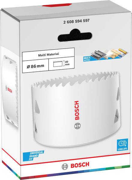 Bosch-Lochsägen-Set für Mehrschicht-Materialien, 86 mm Durchmesser, 40 mm Tiefe, mit universeller Markenkompatibilität und Langlebigkeitssymbolen.