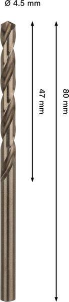 Bohrmeißel mit Durchmesser 4,5 mm, Länge 80 mm, mit spiralförmiger Schneidkante. Schaft misst 47 mm.