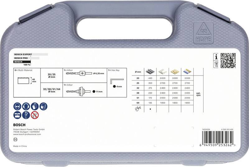 Ein grauer Bosch-Koffer mit Bohraufsatz-Set mit Spezifikationen für verschiedene Aufsätze und einer Tabelle mit Abmessungen und kompatiblen Materialien.