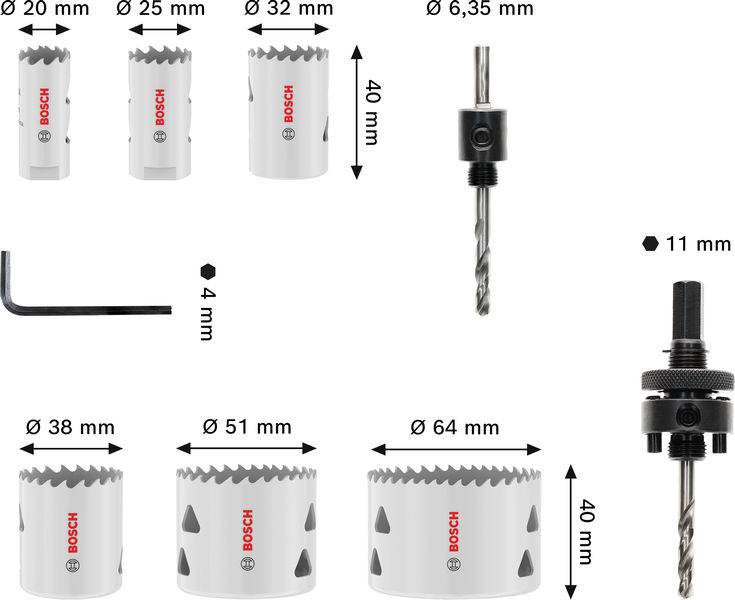 Lochsägen-Set mit verschiedenen Größen: 20 mm, 25 mm, 32 mm, 38 mm, 51 mm, 64 mm, mit Adaptern und Schraubenschlüssel. Bosch-Branding.