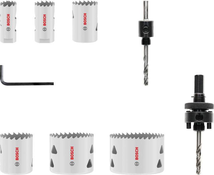 Bosch Lochsägen-Set mit mehreren Größen, Dornvorsätzen und Innensechskantschlüssel, mit robustem Design zum Schneiden verschiedener Materialien.
