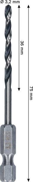 Ein Bohrer mit einer Länge von 75 mm und einem Schnittdurchmesser von 3,2 mm wird angezeigt. Die Schneidkante misst 36 mm.