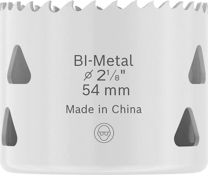 Ein weißes Bi-Metall-Lochsägeblatt mit folgenden Spezifikationen: Durchmesser 2 1/8 Zoll, 54 mm. Hergestellt in China. Geeignet zum Schneiden von Löchern in Holz oder Metall.