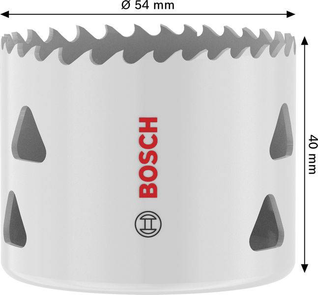 Eine zylindrische Metall-Lochsäge mit scharfen Zähnen, mit einem Durchmesser von 54 mm und einer Höhe von 40 mm, gekennzeichnet mit „BOSCH