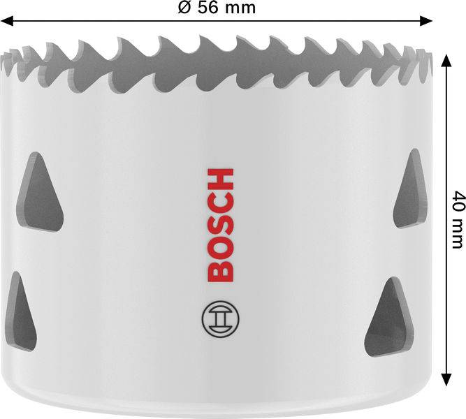 Wolframloch-Säge mit Bosch-Logo, 56 mm Durchmesser, 40 mm Tiefe; mit Schneidezähnen und dreieckigen Seitenöffnungen.