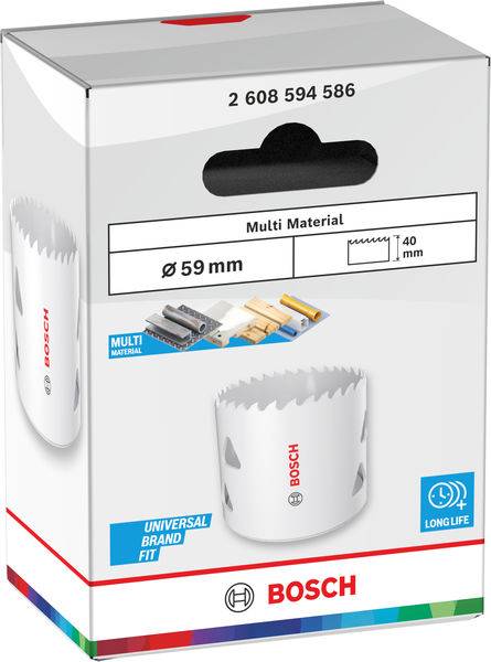 Verpackung der 'Bosch Multi Material Lochsäge 59mm' zeigt das Sägeblatt mit Informationen zu Kompatibilität und Abmessungen und betont die universelle Markenkompatibilität.