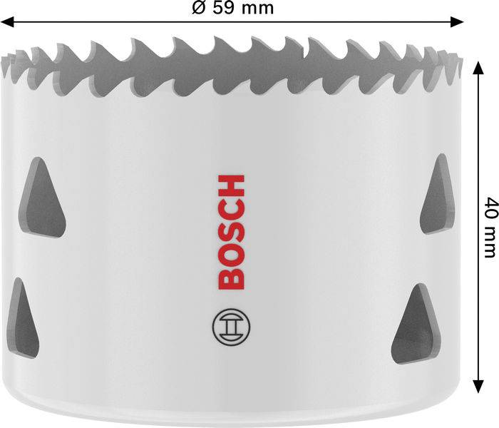 Eine weiße Bosch-Lochsäge mit gezackten Zähnen, mit der Bezeichnung „Ø 59 mm