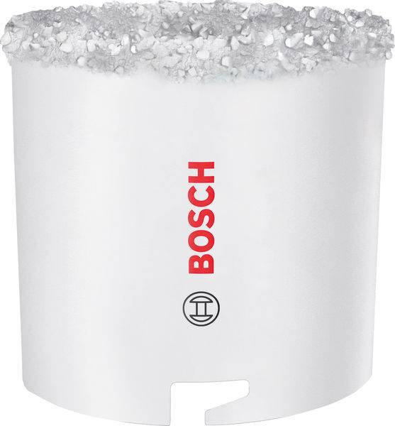 Eine weiße Bosch-Lochsäge mit einer rauen, gezackten Schneidkante und dem Bosch-Logo in Rot. Wird zum Bohren großer Löcher in verschiedenen Materialien verwendet.