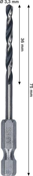 Ein Metallbohrer, 75 mm lang, mit einer Schnittlänge von 36 mm und einem Durchmesser von 3,3 mm, vertikal dargestellt mit beschrifteten Abmessungen.