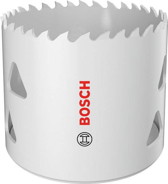 Eine weiße zylindrische Bosch-Lochsäge mit scharfen Zähnen, geeignet zum Durchschneiden von Materialien.