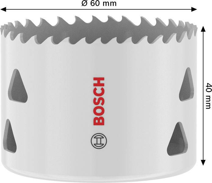 Eine runde, weiße Bosch-Lochsäge mit gezahntem Rand, mit der Beschriftung Durchmesser 60 mm und Höhe 40 mm, zum Schneiden von Löchern in Materialien konzipiert.