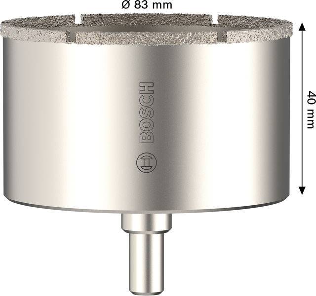Diamantbohrkrone, silberfarben, 83 mm Durchmesser, 40 mm Höhe, verwendet zum präzisen Schneiden in harten Materialien. Bosch-Logo sichtbar.
