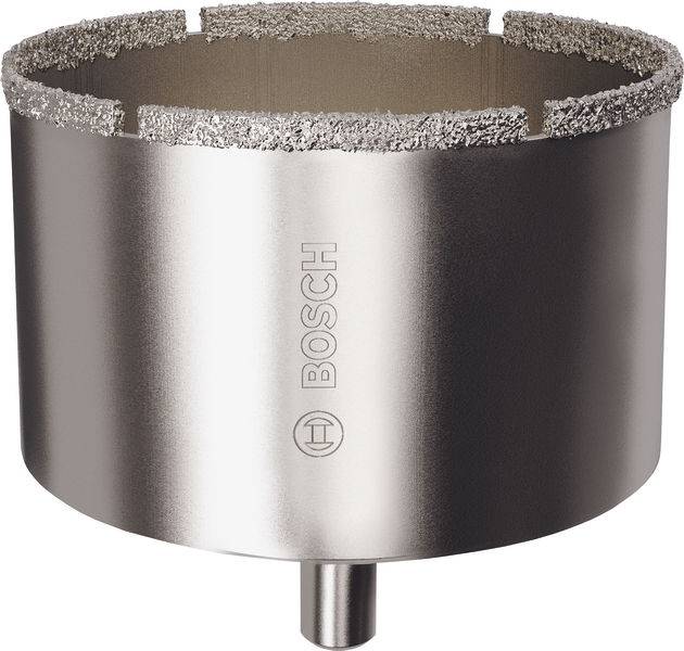 Eine Metallische Bosch-Lochsäge mit einer kreisförmigen, gezahnten Kante, die zum Durchschneiden von Materialien wie Holz oder Metall ausgelegt ist.