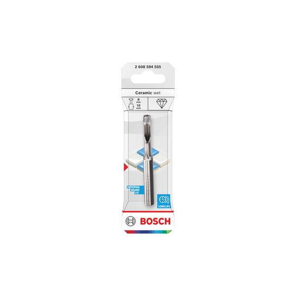 Bohrspitzenverpackung mit einer Keramik-Nassbohrspitze von Bosch, gekennzeichnet für die Verwendung mit Keramik. Zeigt eine silberfarbene Spitze und das Markenlogo.