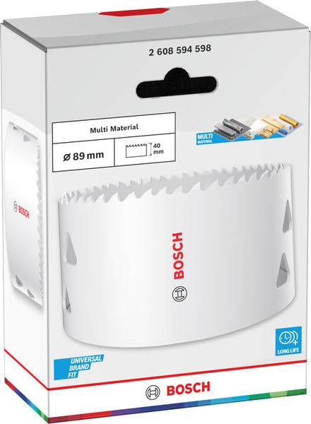 'Bosch 89mm Mehrstoff-Lochsäge in Verpackung, mit Text „Universal Brand Fit
